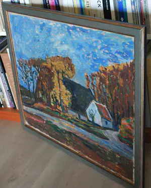 Hein van Schuppen - Boerderijen in de herfst (Veluwe/Gelderland) - expressionistisch schilderij kopen? Bied vanaf 125!