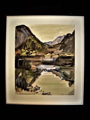 Hein Stork - GROTE impressionistische Gouache Fjord bij Vang Noorwegen" gesigneerd verkocht voor € 10!