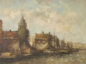 Niet of onleesbaar gesigneerd - Olieverf op paneel, Stadsgezicht vanaf het water - Ingelijst kopen? Bied vanaf 1!