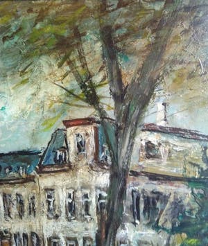 Niet of onleesbaar gesigneerd - (mogelijk Jeff Thewissen) - 1980 - Impressionistisch stadsgezicht kopen? Bied vanaf 1!