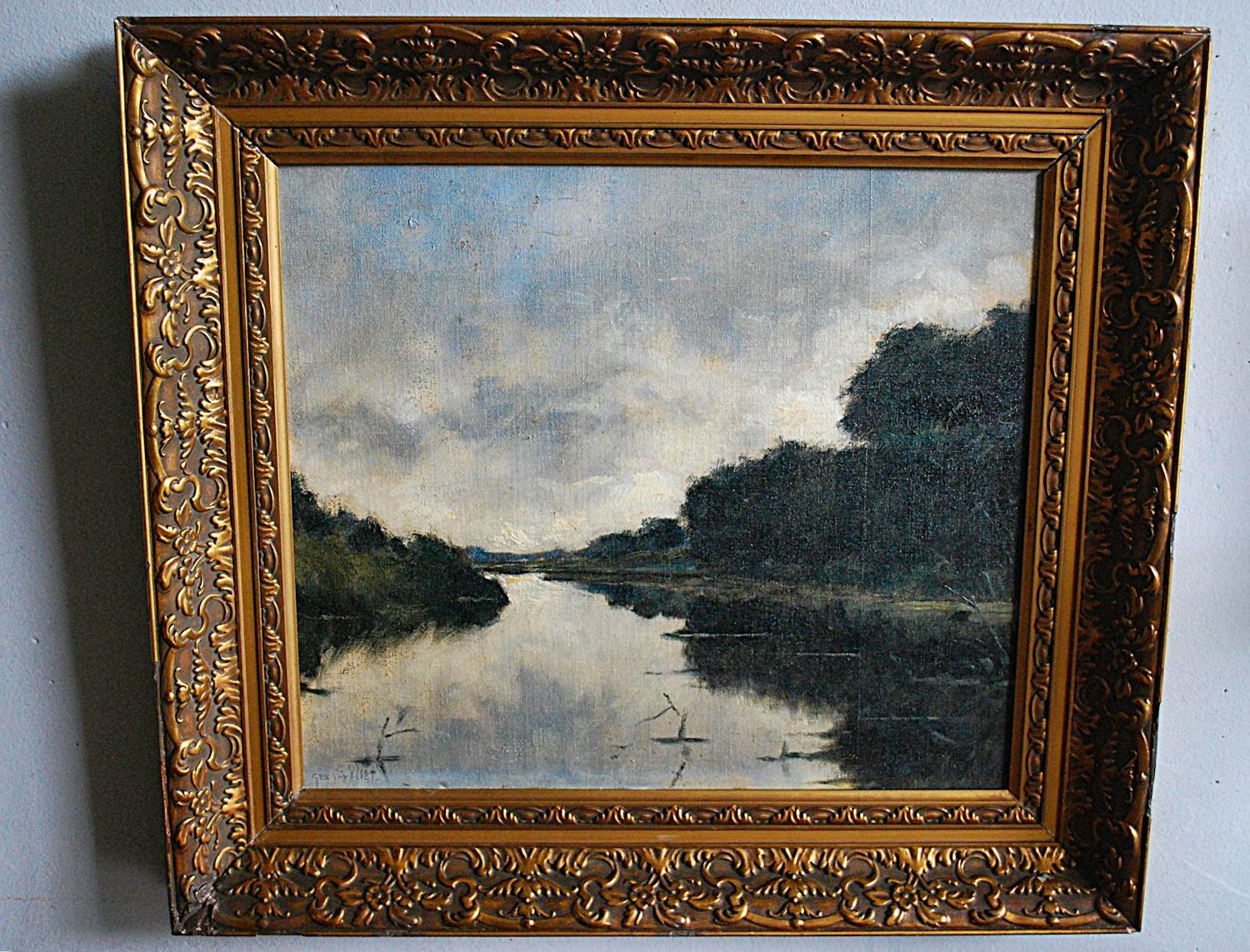 Gerard van Vliet - verstild waterlandschap - groot olieverfschilderij verkocht voor € 200!