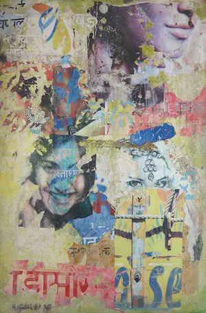 AcheterReg Fallah - Mixed media / collage op paneel, Rajkot (Groot formaat)? Enchérissez de 100!