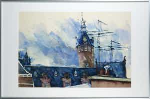 Jan van Spronsen - Aquarel, Torentje Gymnasium Haganum - Ingelijst verkocht voor € 35!