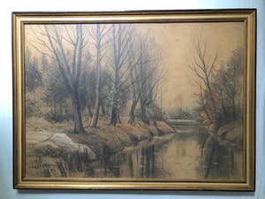 Gerard Krol - Bomen langs het water -Krijttekening, Ingelijst kopen? Bied vanaf 90!