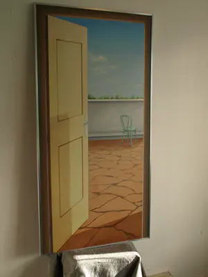 Kees Gerritse - Trompe-l'oeil : Open deur - olieverf op doek – 1974 – Ingelijst, 140 x 70 cm. kopen? Bied vanaf 400!