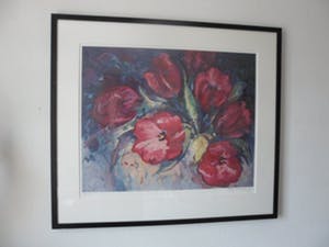 Mary Koekenbier - Zeefdruk. Titel, "Beaujolais Joli Bouget". kopen? Bied vanaf 60!
