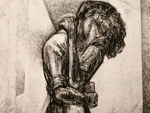 Hendrikus J. Eshuys - Grote kubistische houtskooltekening "de kus" gesigneerd kopen? Bied vanaf 40!