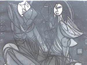 Theo Beerendonk - Kubistisch koppel op stoel - Ets kopen? Bied vanaf 30!