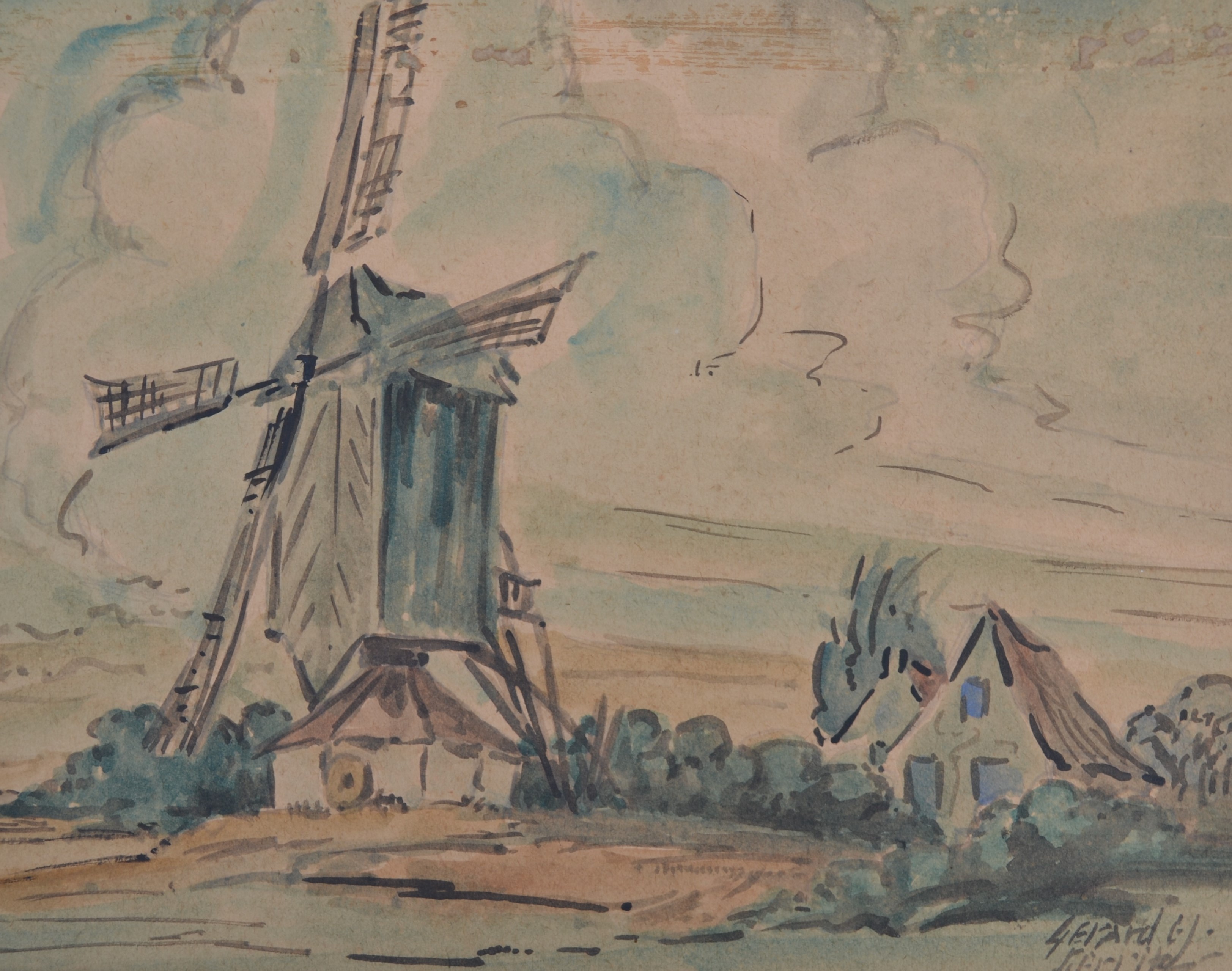 Gerard Christiaan J Gerrits - Brabants landschap met molen - aquarel kopen? Bied vanaf 1!