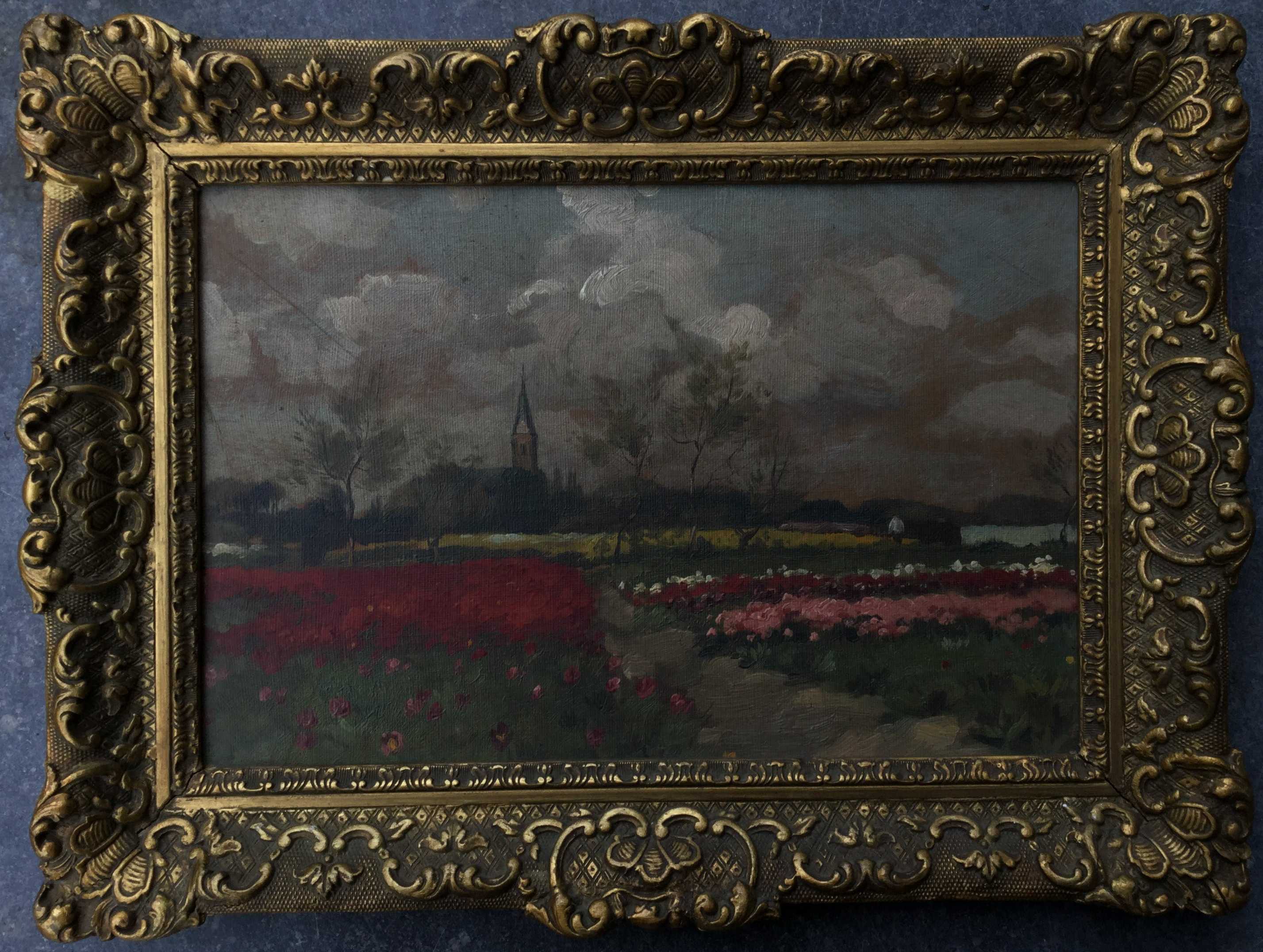 Niet of onleesbaar gesigneerd - c2559-2 - Hollands bollenveld met kerkje kopen? Bied vanaf 1!