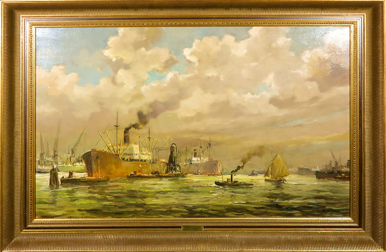 Theo Wiegman - Oliverf op doek, Haven van Rotterdam - Ingelijst (Groot) verkocht voor € 150!