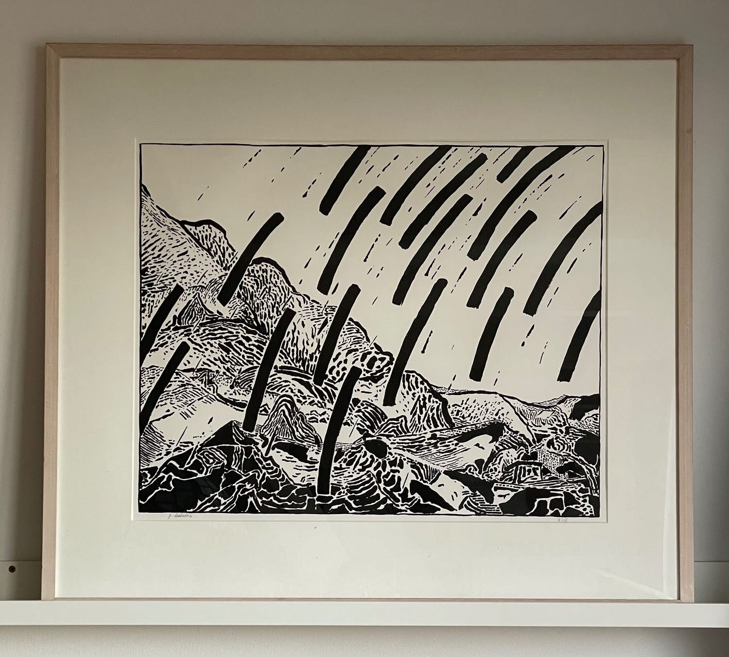Pieter Holstein - Grote zeefdruk, Zonder titel (Lanschap met regen) - ingelijst verkocht voor € 80!