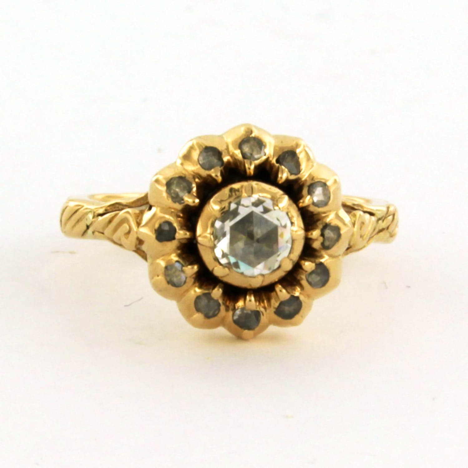 14k geel gouden entourage ring bezet met roos geslepen diamant tot. 0.40ct kopen? Bied vanaf 410!