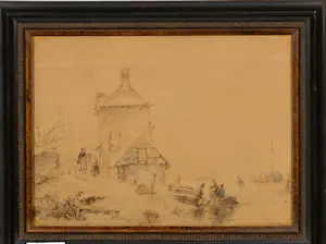 Andreas Schelfhout - IJspret op een bevroren vaart en figuren bij een huis en boot kopen? Bied vanaf 640!