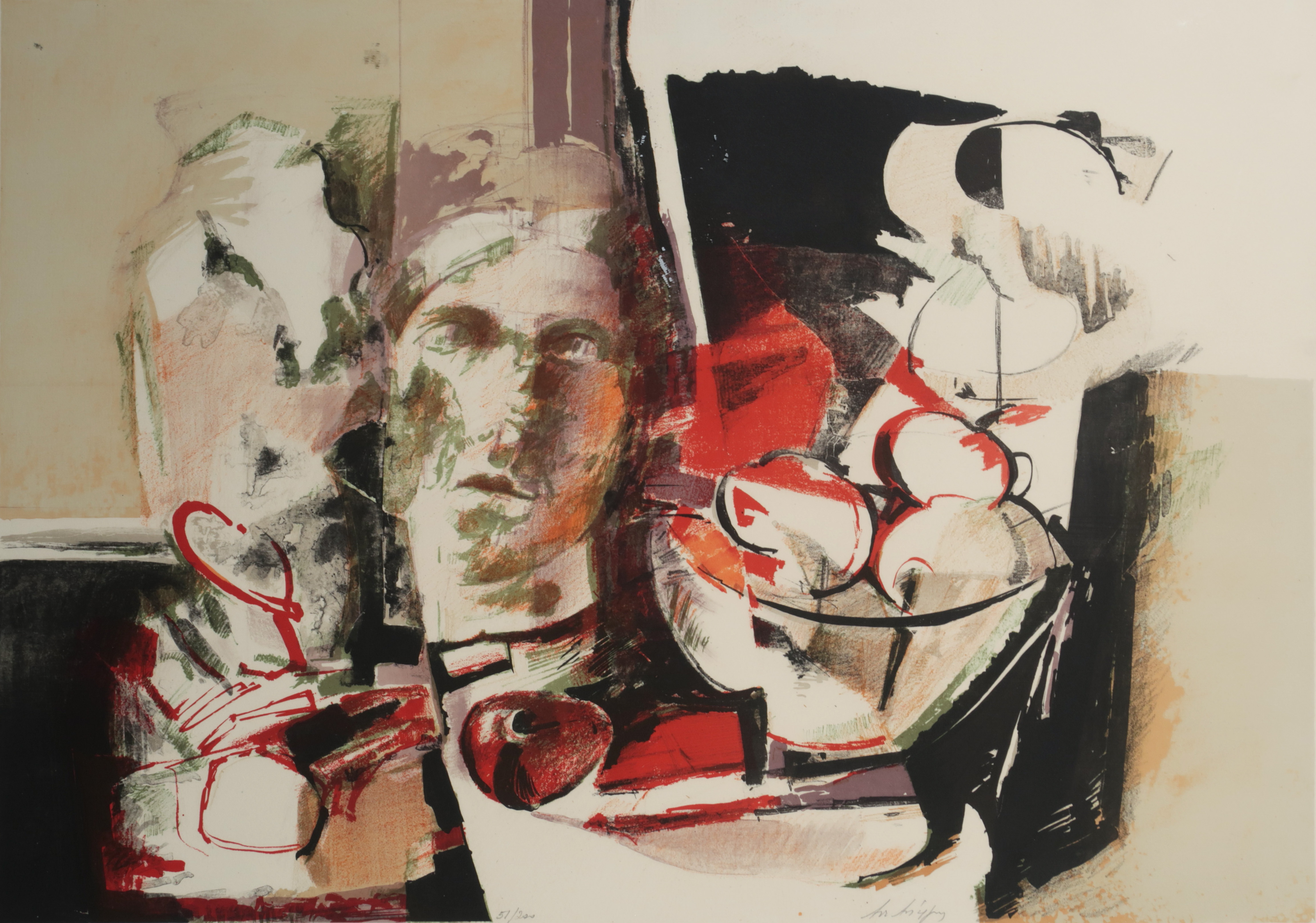 Niet of onleesbaar gesigneerd - Kleurenlitho, Hoofd met fruitschaal - Ingelijst kopen? Bied vanaf 1!