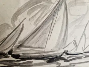 AcheterJan Stroosma - "Schilder van Ameland" sepia/inkt tekening "zeilboten" met atelierstempel? Enchérissez de 35!