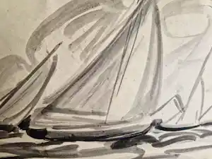 Jan Stroosma - "Schilder van Ameland" sepia/inkt tekening "zeilboten" met atelierstempel verkauft für € 61!