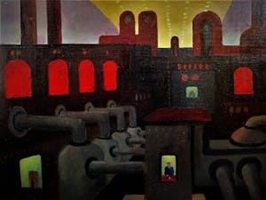 Theo Stiphout - Olieverf ca. 1940 - Nieuwe Zakelijkheid - "Nachtdienst in de Fabriek" - gesigd kopen? Bied vanaf 380!