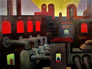 Theo Stiphout - Olieverf ca. 1940 - Nieuwe Zakelijkheid - "Nachtdienst in de Fabriek" - gesigd verkocht voor € 380!