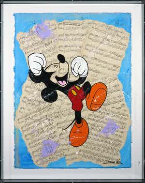 Don Ken - Acryl op collage van partituren, Mickey Mouse - Ingelijst verkocht voor € 1!