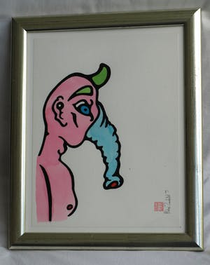 Pieter Zandvliet - Aquarel / Tekening, “Olifantman” – gesigneerd en ingelijst – 2009 kopen? Bied vanaf 35!