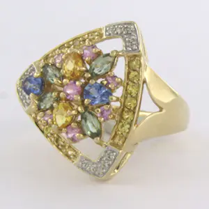 14k gouden ring met verschillende kleuren saffier en single cut diamant 0.03ct kopen? Bied vanaf 290!