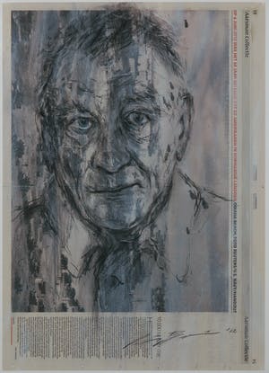 Wim de Bruin - Krantenpapier met gemengde techniek, J. Berlef - Ingelijst kopen? Bied vanaf 1!