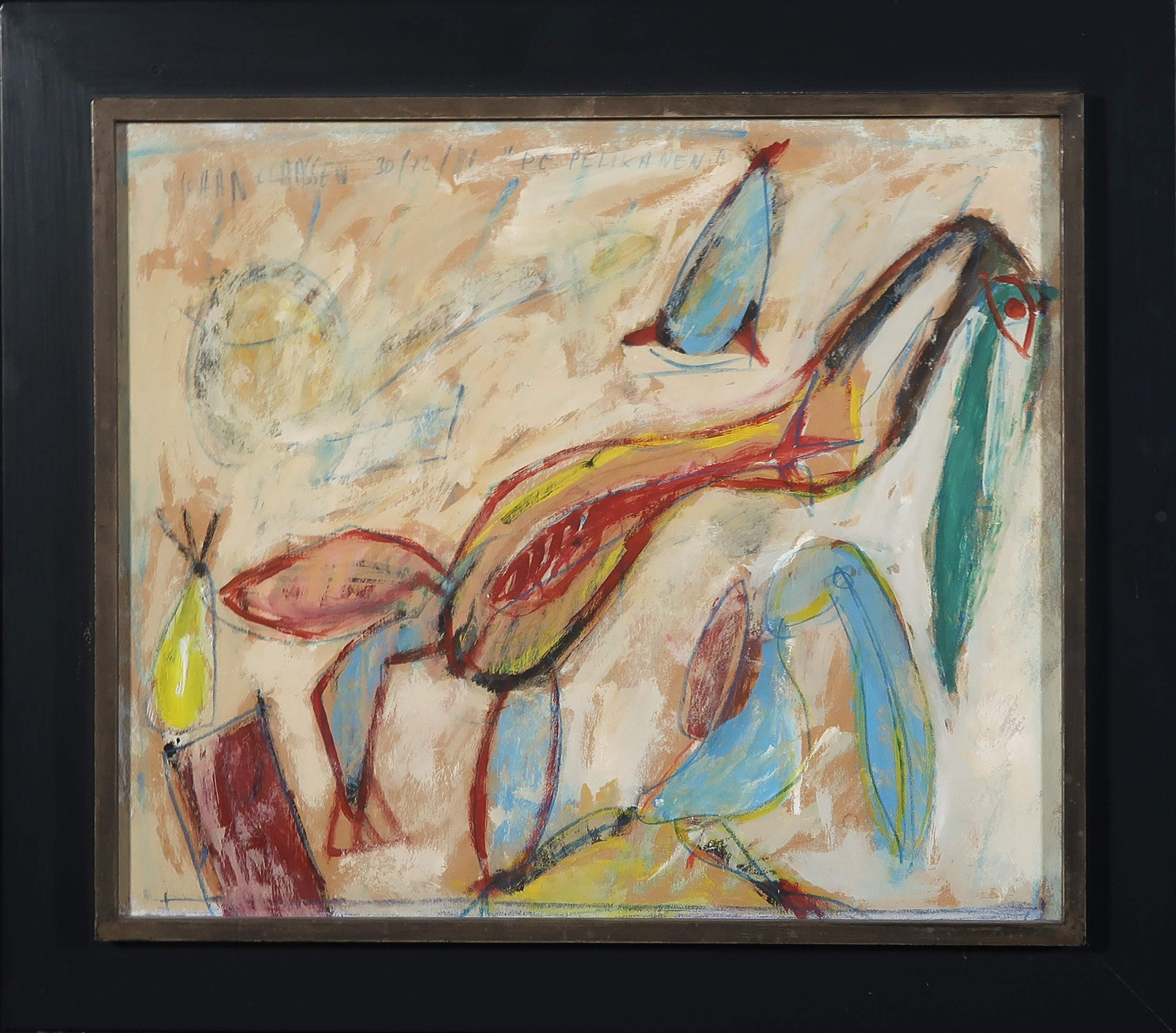 Johan Claassen - Gemengde techniek op board, De Pelikanen - Ingelijst verkocht voor € 100!