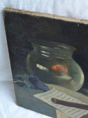 Frits Hes - Olieverf op doek, Stilleven met vissenkom en blokfluit – gesigneerd – ca 1950 kopen? Bied vanaf 100!