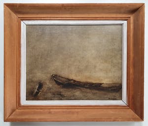 An Biesiot - Aangemeerde roeiboot in leeg landschap kopen? Bied vanaf 50!