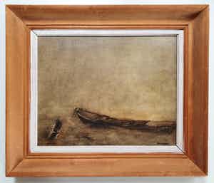 An Biesiot - Aangemeerde roeiboot in leeg landschap verkocht voor € 50!