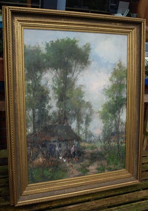 Theodorus van Oorschot - Olieverf op doek , Boerin met kippen – ingelijst – 98 x 78 cm kopen? Bied vanaf 1!