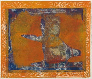 Astrid van Veen - Monotype, Abstracte voorstelling in blauw en oranje - Ingelijst kopen? Bied vanaf 1!