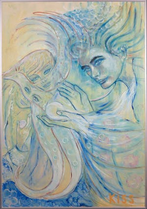 Kiss Riemvis - Olieverf op board, z.t. Fantasy droomfiguren- Ingelijst (Groot) kopen? Bied vanaf 1!