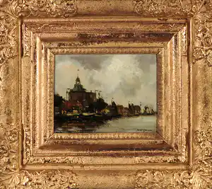 Willem G.F. Jansen - Olieverf op paneel, Havengezicht - Ingelijst verkocht voor € 350!