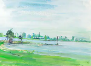 Liz Strick - Acryl op papier, Uiterwaarden Neder-Rijn I - Ingelijst kopen? Bied vanaf 1!