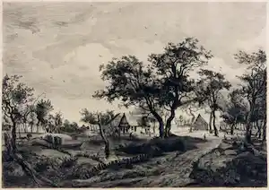 Willem Steelink (jr.) - Ets, Landschap met watermolen naar schilderij van Meindert Hobbema verkocht voor € 25!