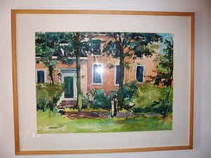 Pieter Vierhout - Aquarel, Bomen voor een huis verkocht voor € 20!