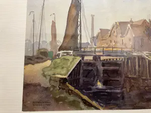 Ad Blok van der Velden - Klassiek aangezicht van de masten van de bruine vloten & huizen in Assen in 1945 kopen? Bied vanaf 110!