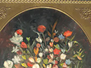 Niet of onleesbaar gesigneerd - Ovaal ingelijst , Olieverf op doek , Bloemstilleven – ca. 1950 kopen? Bied vanaf 1!