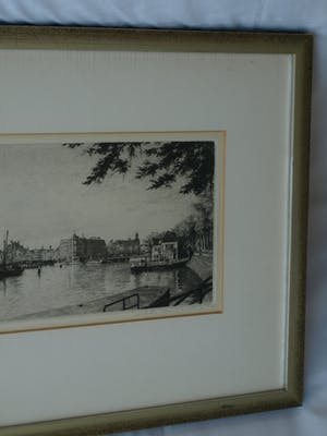 Maarten Langbroek - Ingelijste ets, Prins Hendrikkade, Amsterdam – ca. 1970 kopen? Bied vanaf 40!