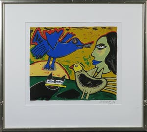 Corneille - Zeefdruk, Femme avec oiseau blue - Ingelijst kopen? Bied vanaf 1!