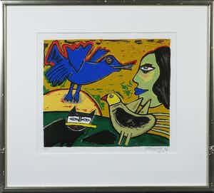 Corneille - Zeefdruk, Femme avec oiseau blue - Ingelijst verkocht voor € 1!