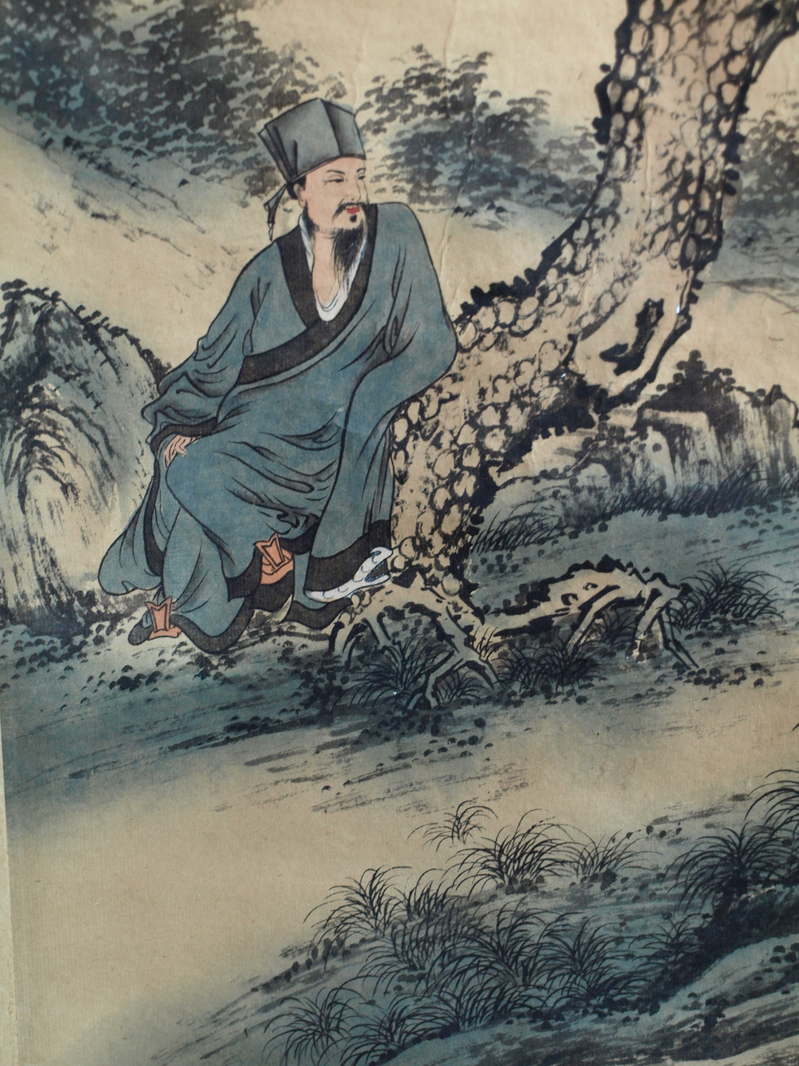 Niet of onleesbaar gesigneerd - Japanse of Chinese scroll, Man onder Boom - Aquarelverf en inkt op papier kopen? Bied vanaf 1!