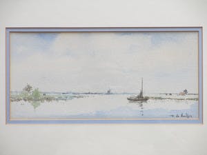 Frans de Nocker - Hollands plasgezicht met boot en molen - Gemengde techniek kopen? Bied vanaf 50!