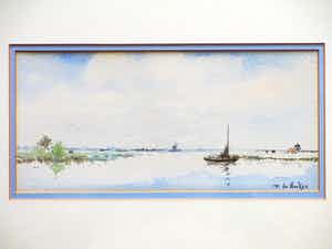 Frans de Nocker - Hollands plasgezicht met boot en molen - Gemengde techniek verkocht voor € 50!