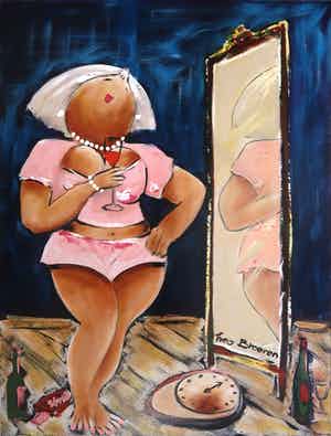 Theo Broeren - Acryl op doek, Roze voor de spiegel (Zeer groot) verkocht voor € 200!