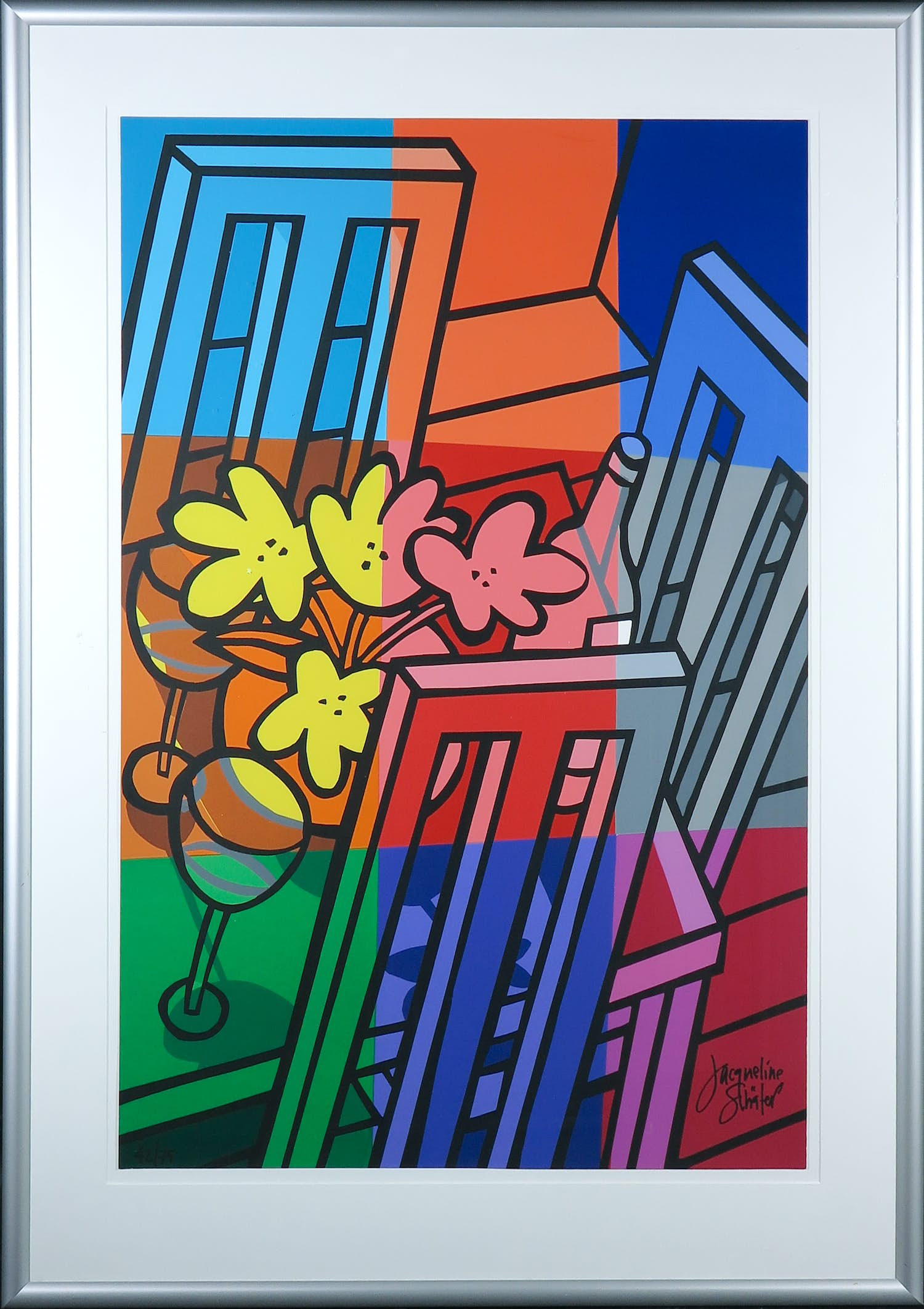 Jacqueline Schäfer - Zeefdruk, Stilleven met tafel en stoelen - Ingelijst (Groot formaat!) verkocht voor € 60!