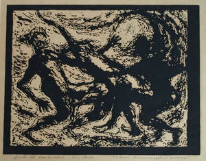 Niet of onleesbaar gesigneerd - Houtsnede , “3 Broers dansend en spelend in de zon” – 1966 kopen? Bied vanaf 1!