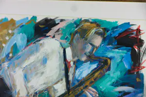 Annemarie de Groot - Acryl op papier, Saxofoon speler - Ingelijst kopen? Bied vanaf 200!